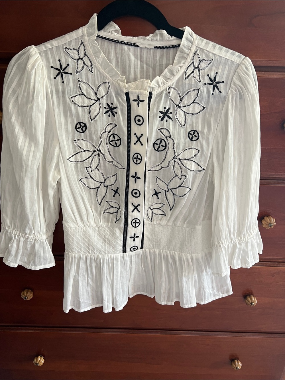 Embroidered Ruffled White Women’s Top - Black Stitch Detail